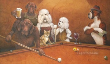 gato perros jugando al billar gracioso humor mascotas Pinturas al óleo